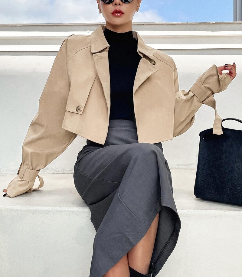Kedera Women's Cropped Trench Coat Long Sleeve Casual Jacket Classic Double-Breasted Lapel Overcoat Fashion Outerwear - Image 4