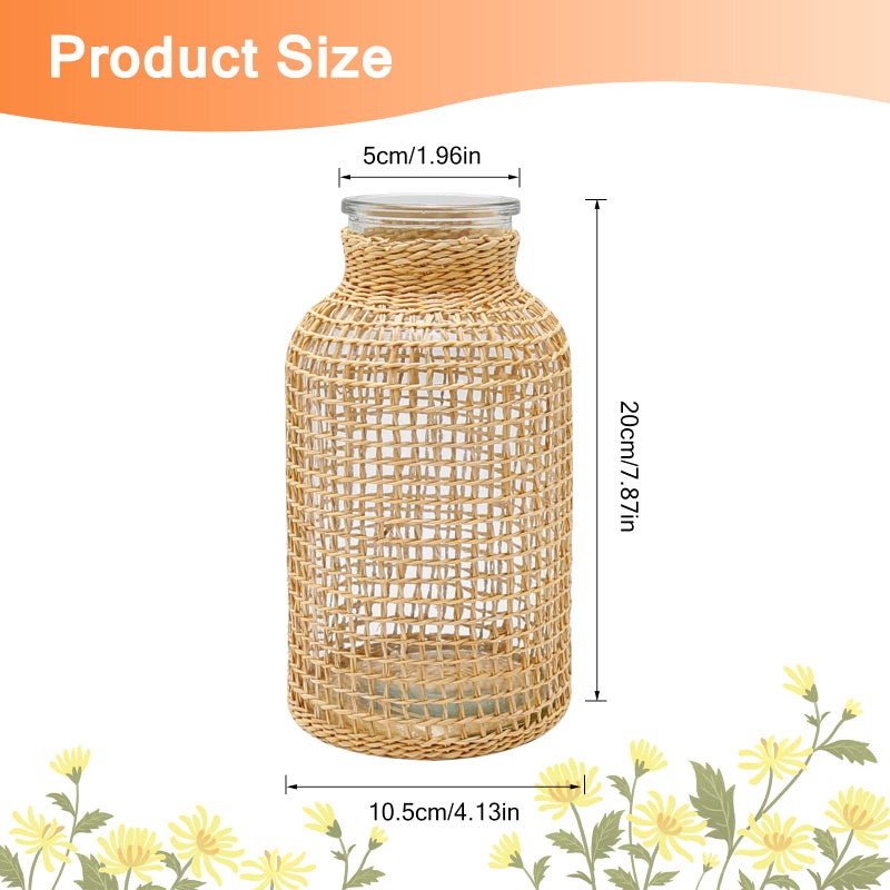 MDEOOSKY Straw Woven Glass Vase 7.87''x1.96''x4.13''Boho Glass Flower Vase Country Rustic Style Vase Glass Vase for Floral Arrangements Bottle Height (B Style 7.87IN) - Image 2