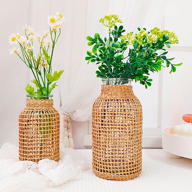 MDEOOSKY Straw Woven Glass Vase 7.87''x1.96''x4.13''Boho Glass Flower Vase Country Rustic Style Vase Glass Vase for Floral Arrangements Bottle Height (B Style 7.87IN) - Image 4
