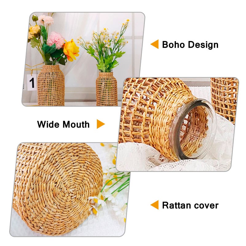 MDEOOSKY Straw Woven Glass Vase 7.87''x1.96''x4.13''Boho Glass Flower Vase Country Rustic Style Vase Glass Vase for Floral Arrangements Bottle Height (B Style 7.87IN) - Image 3