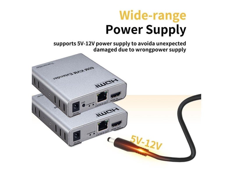 foxaa New 60M USB KVM HDMI Extender, with 1080P R/L Audio by CAT5E Cat6 RJ45 Ethernet Cable Transmitter Receiver Audio Video Converter PC Laptop to TV Monitor - Image 3