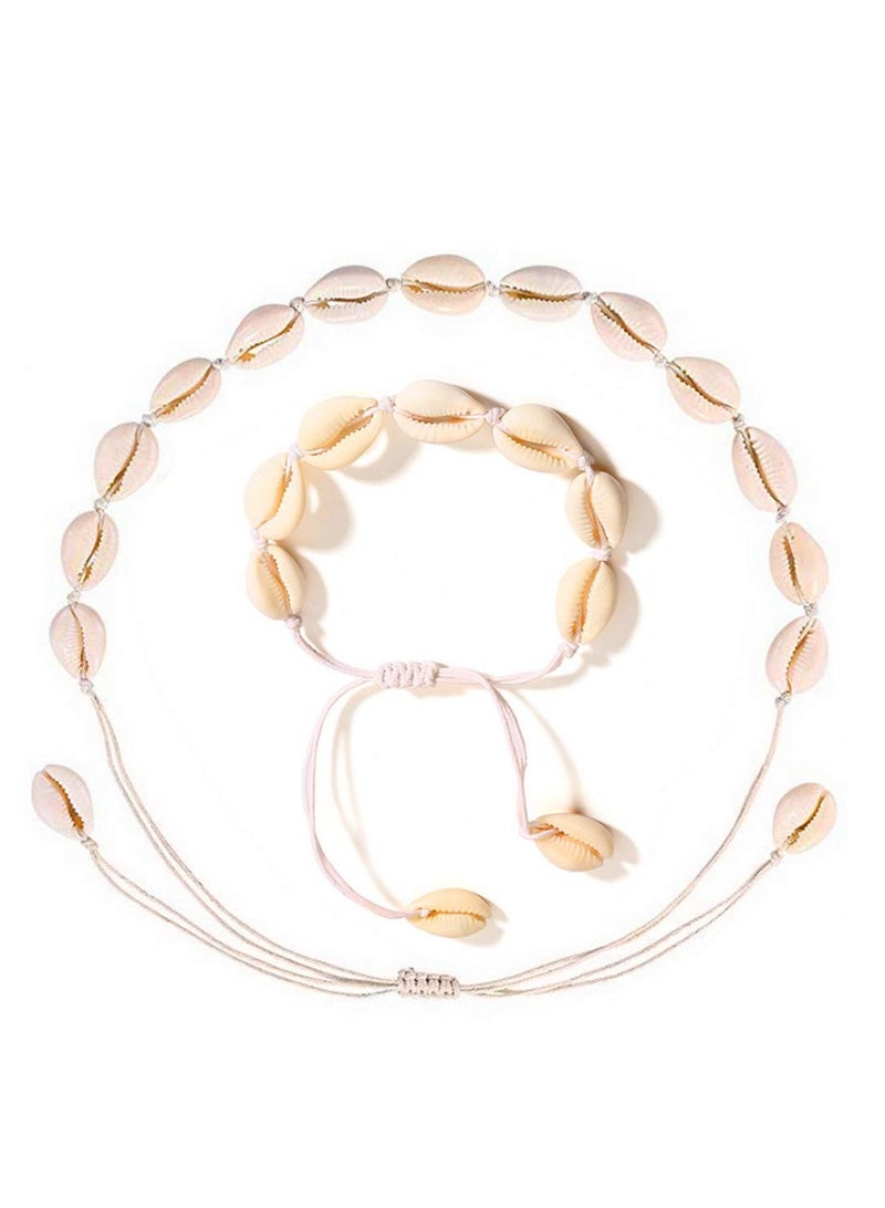 KASTWAVE 2 Piece Shell Necklace Bracelet, Beaded Sea Shell Set Beach Party Jewelry Women Men'S Jewelry Natural Shell Earrings - Image 1