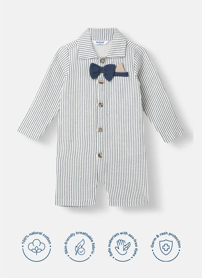 Nautinati Boys’ Striped Romper | Bow at Placket |Collar Neck Romper for 0-2 Years