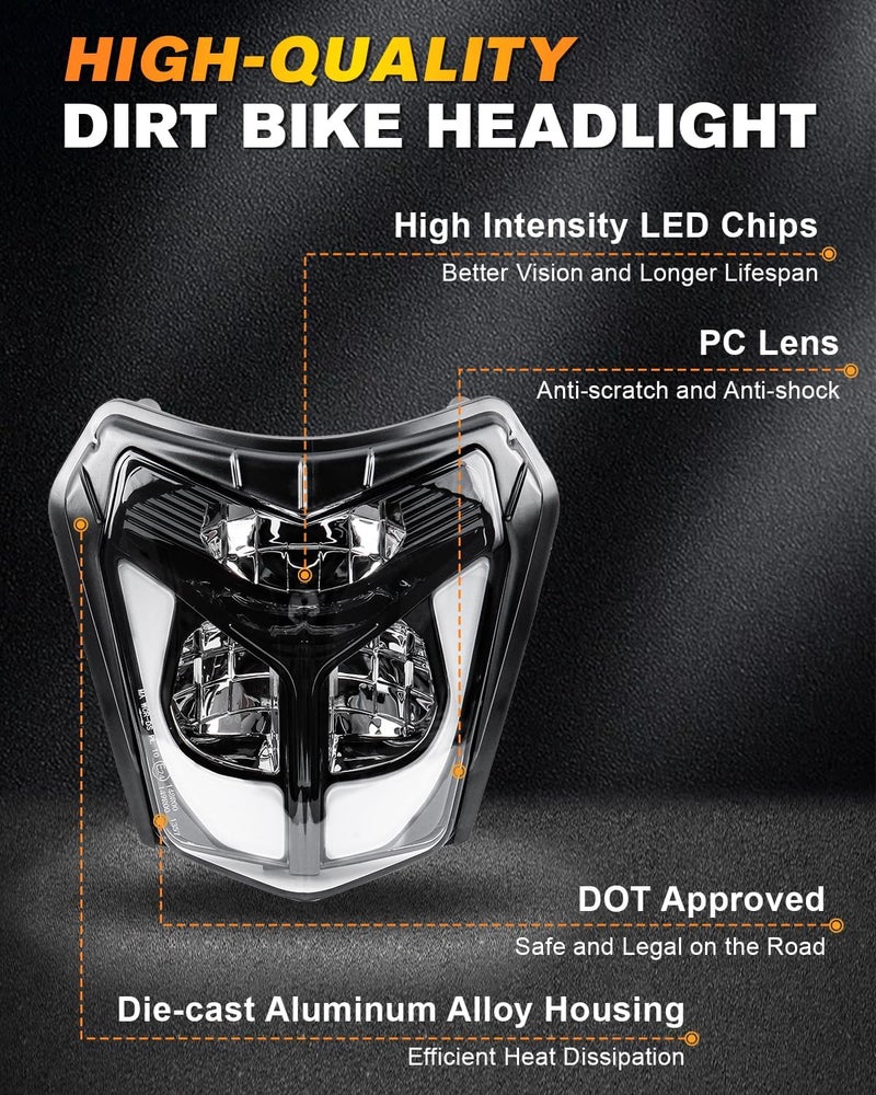 BICYACO Dirt Bike Headlight, 40W 2700LM DOT LED Headlight Reflector with DRL Turn Signal Hi/Lo Beam, Compatible with Enduro Motorcycle Pit Bike ATV EXC XCW SXF SX 125 250 300 350 450 500 530 SMC R 690 - Image 5