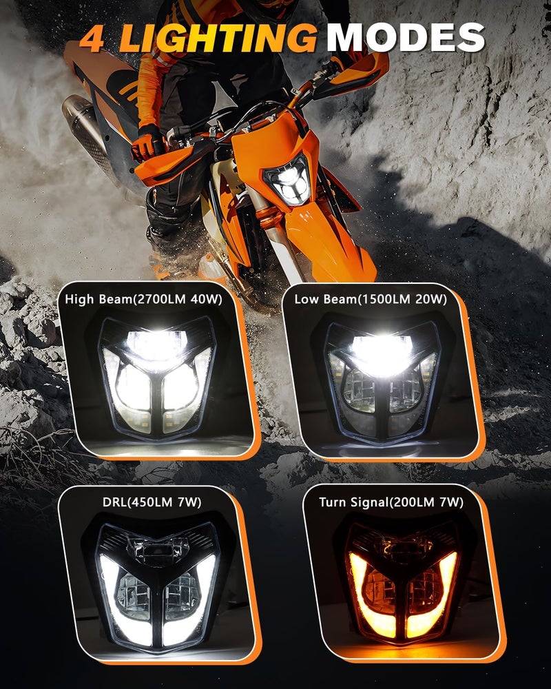 BICYACO Dirt Bike Headlight, 40W 2700LM DOT LED Headlight Reflector with DRL Turn Signal Hi/Lo Beam, Compatible with Enduro Motorcycle Pit Bike ATV EXC XCW SXF SX 125 250 300 350 450 500 530 SMC R 690 - Image 2