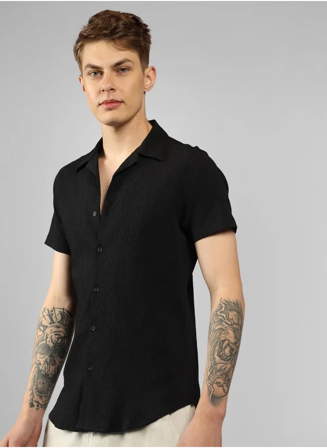 دينيس لينغو Relaxed Fit Solid Pattern Collared Neck Half Sleeve Black Lycra Shirt for Men