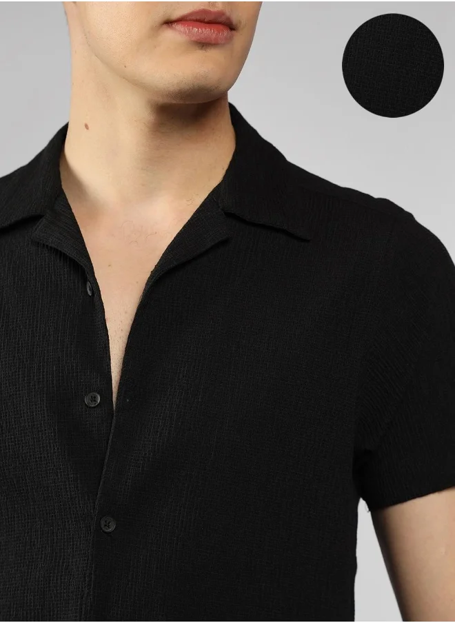 دينيس لينغو Relaxed Fit Solid Pattern Collared Neck Half Sleeve Black Lycra Shirt for Men