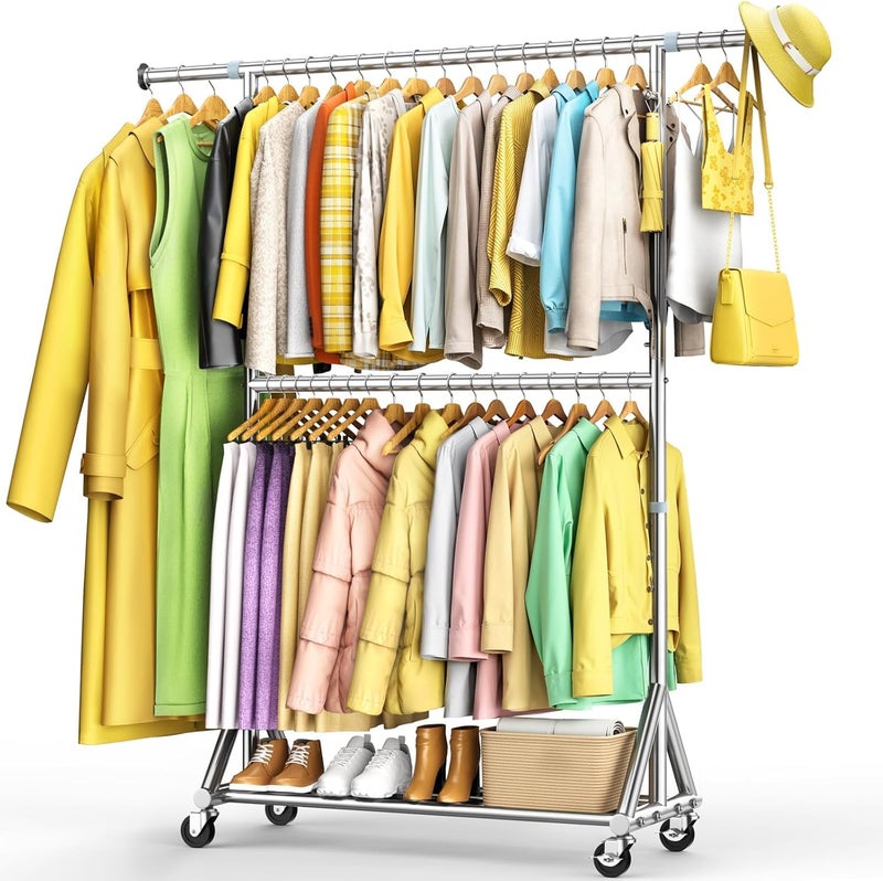 FYBEE 100% Stainless Steel Heavy Duty Clothes Rack Load 860LBS, Adjustable Height Double Rods Clothing Racks for Hanging Clothes, Rolling Garment Rack With Sturdy Wheels Shelf, Portable Closet Wardrobe Rack - Image 1