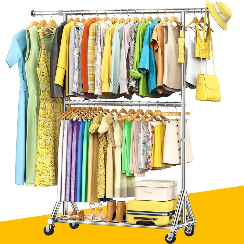 FYBEE 100% Stainless Steel Heavy Duty Clothes Rack Load 860LBS, Adjustable Height Double Rods Clothing Racks for Hanging Clothes, Rolling Garment Rack With Sturdy Wheels Shelf, Portable Closet Wardrobe Rack - Image 2