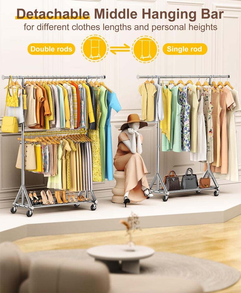 FYBEE 100% Stainless Steel Heavy Duty Clothes Rack Load 860LBS, Adjustable Height Double Rods Clothing Racks for Hanging Clothes, Rolling Garment Rack With Sturdy Wheels Shelf, Portable Closet Wardrobe Rack - Image 4