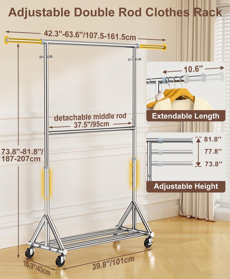 FYBEE 100% Stainless Steel Heavy Duty Clothes Rack Load 860LBS, Adjustable Height Double Rods Clothing Racks for Hanging Clothes, Rolling Garment Rack With Sturdy Wheels Shelf, Portable Closet Wardrobe Rack - Image 3