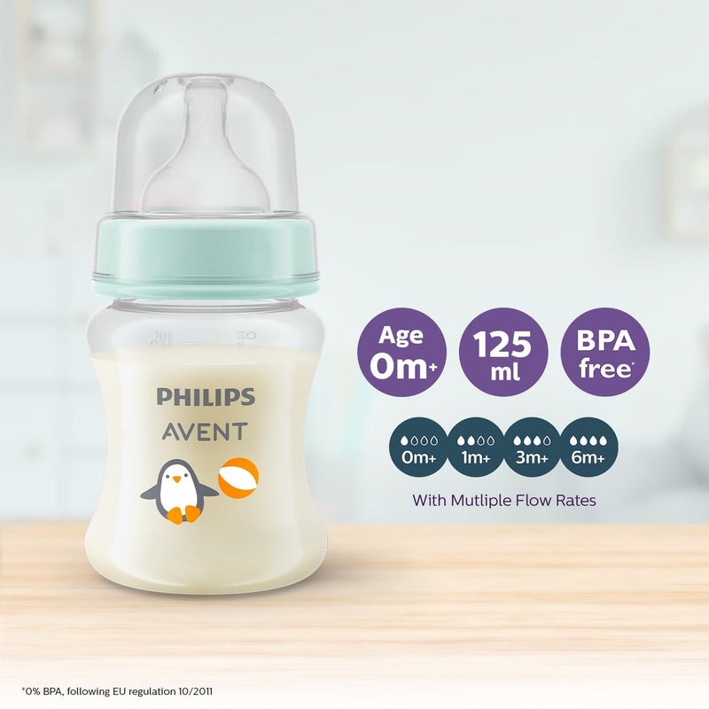 Avent Philips Avent Grow-Economy Feeding Plastic Bottles | Anti-Colic | Easy Fill, Easy Clean | BPA Free | with 0M+ Flow Teat | Made in India | SCF060/02 (150ml, Pack of 2) (Penguin with Beach Ball) - Image 2