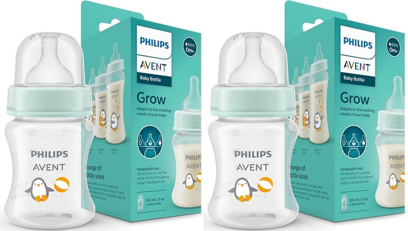 Avent Philips Avent Grow-Economy Feeding Plastic Bottles | Anti-Colic | Easy Fill, Easy Clean | BPA Free | with 0M+ Flow Teat | Made in India | SCF060/02 (150ml, Pack of 2) (Penguin with Beach Ball) - Image 1