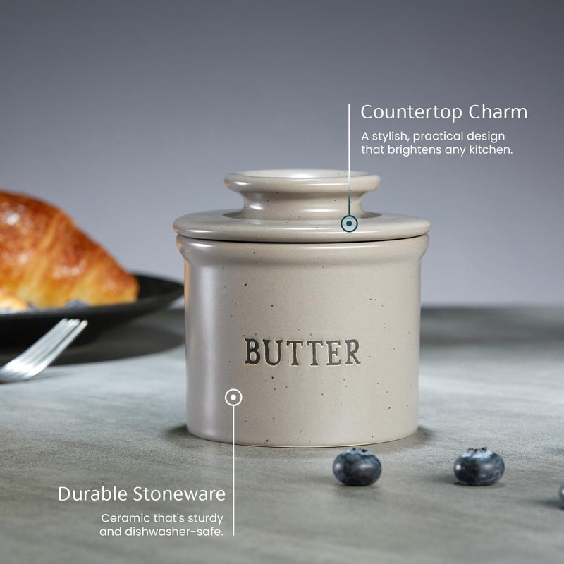 Kook Butter Keeper Dish, French Ceramic Crock For Counter With Lid, Embossed Container, For Soft Butter, Home and Kitchen Decor, (Matte Speckled Grey) - Image 3