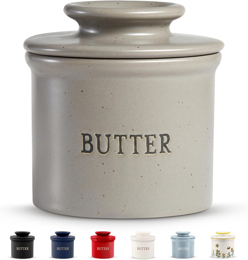 Kook Butter Keeper Dish, French Ceramic Crock For Counter With Lid, Embossed Container, For Soft Butter, Home and Kitchen Decor, (Matte Speckled Grey) - Image 1