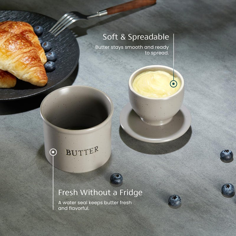 Kook Butter Keeper Dish, French Ceramic Crock For Counter With Lid, Embossed Container, For Soft Butter, Home and Kitchen Decor, (Matte Speckled Grey) - Image 4
