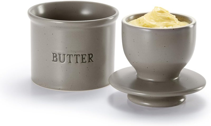 Kook Butter Keeper Dish, French Ceramic Crock For Counter With Lid, Embossed Container, For Soft Butter, Home and Kitchen Decor, (Matte Speckled Grey) - Image 2