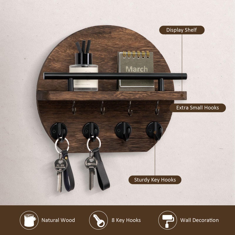 Nekon Key Holder for Wall - 9.8 Inch Apartment Wall Decor with Shelf and 8 Key Hooks, Circular Wood Key Hanger for Home Decor (Brown) - Image 2
