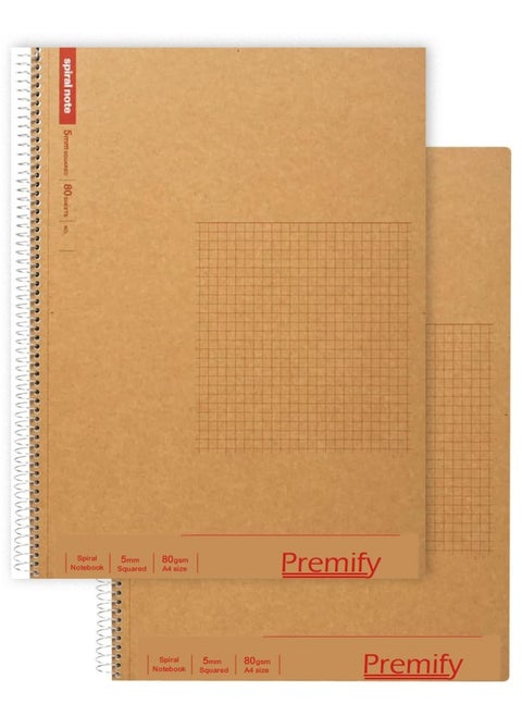 Spiral Squared Notebook 2 Pieces Set 5Mm Grid Inner (A4), 100 Sheets | Graph Writing Pad 80Gsm Paper, Maths Notebook, Suitable For Students And School Supplies.