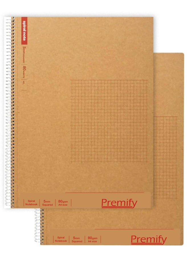 Premify - Spiral Squared Notebook 2 Pieces Set 5Mm Grid Inner (A4), 100 Sheets | Graph Writing Pad 80Gsm Paper, Maths Notebook, Suitable For Students And School Supplies. - Image 1