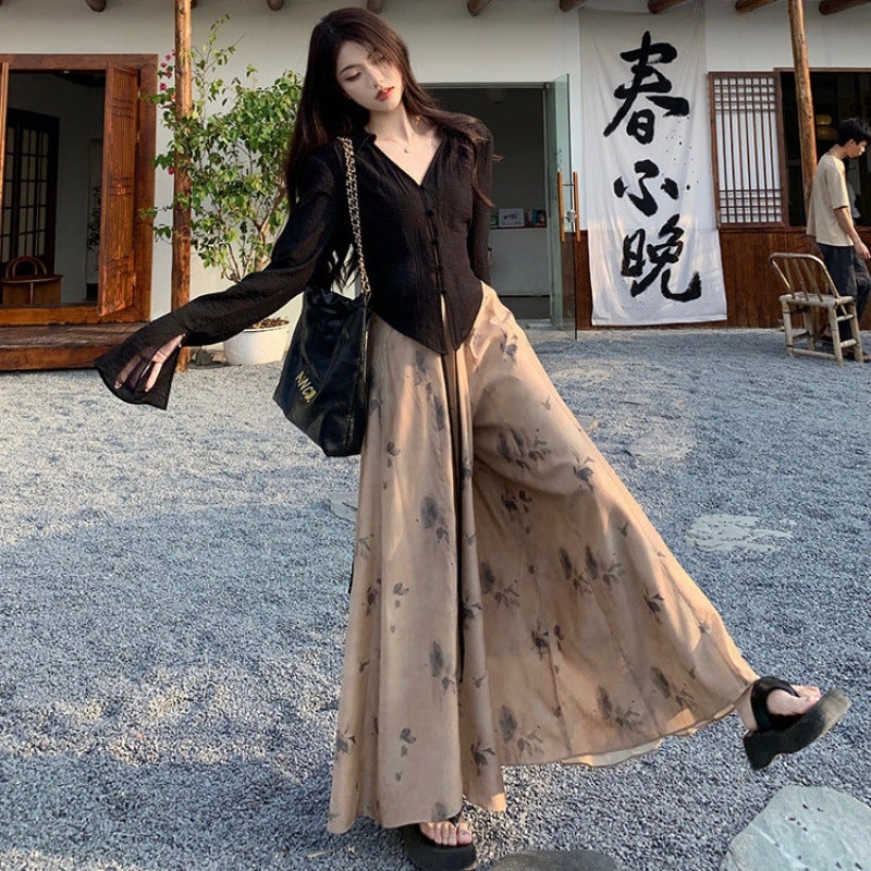 Summer Chic Chinese Style Slimming Zen Wide-Leg Pants Skirt Set 1978# Top + wide leg pants [suit]]