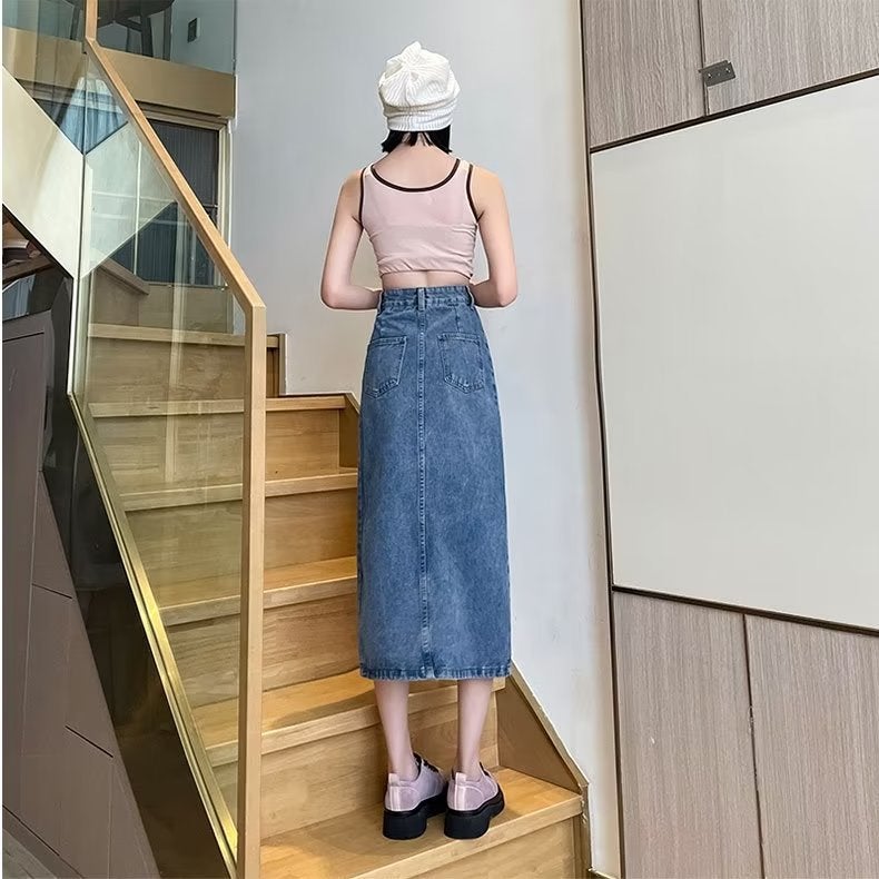 Plus size irregular split mid-length A- line skirt Summer 2024 New High waist Denim skirt womens fashion Blue 