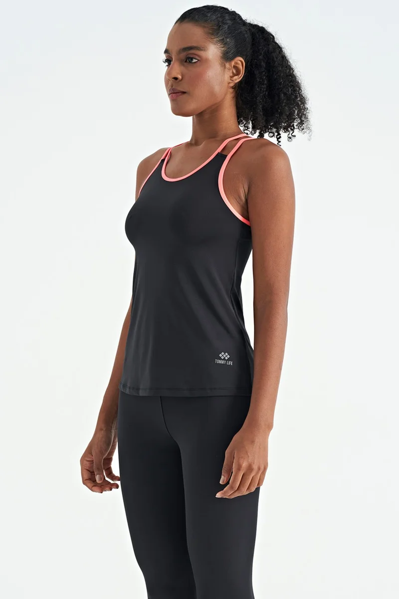 Tommy Life Black Double Strap Back Detailed Standard Pattern Women's Sports Undershirt - 97258