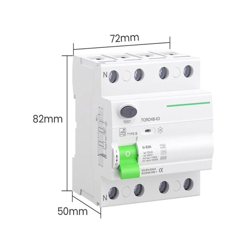 Type B RCD RCCB Residual Current Circuit Breaker 4 Pole 63A 300mA AC 10KA Din Rail - Image 4