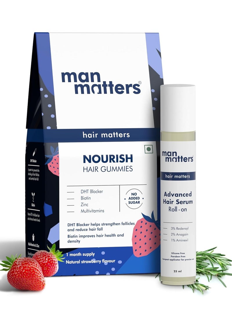 Man Matters Hair Growth Pack - Biotin Hair Gummies 30p and Advanced Hair Serum roll on 25ml - enriched with Redensyl and Procapil - Stimulates Hair Follicles, Nourishes and Promotes Hair Growth -225 gm - Image 1