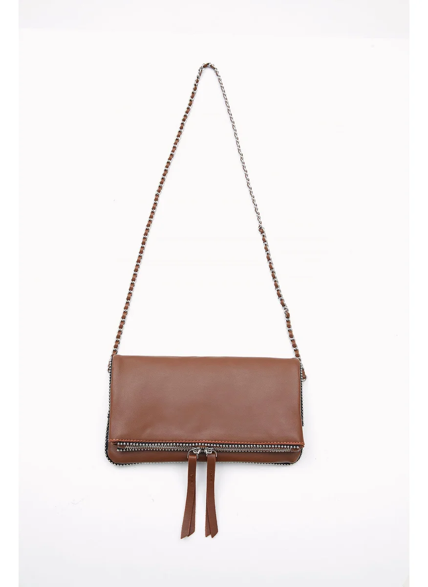Wecre8 Brown Chain Trim Convertible Clutch by WECRE8