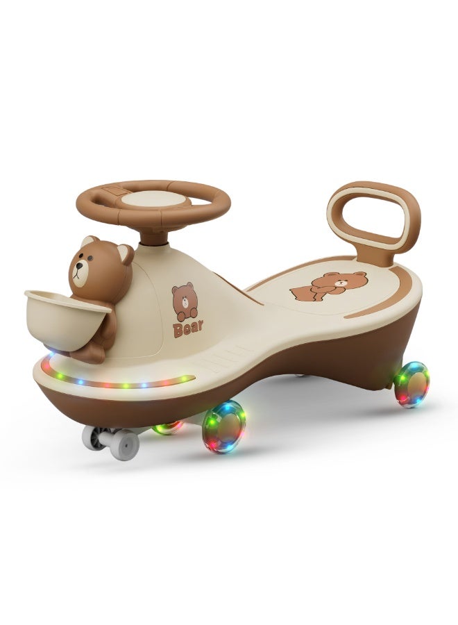 BAYBEE Bear Baby Swing Car for Kids, Ride On Car for Kids with Dazzling Light & Music | Twisting Magic Car for Kids Children with LED PU Wheels | Kids Car for Baby | Ride on Car for Kids 3 to 8 Years Boy Girl Brown - Image 1