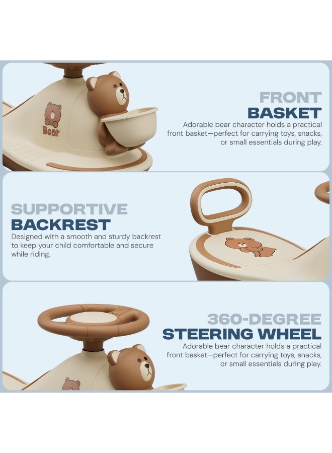BAYBEE Bear Baby Swing Car for Kids, Ride On Car for Kids with Dazzling Light & Music | Twisting Magic Car for Kids Children with LED PU Wheels | Kids Car for Baby | Ride on Car for Kids 3 to 8 Years Boy Girl Brown - Image 5