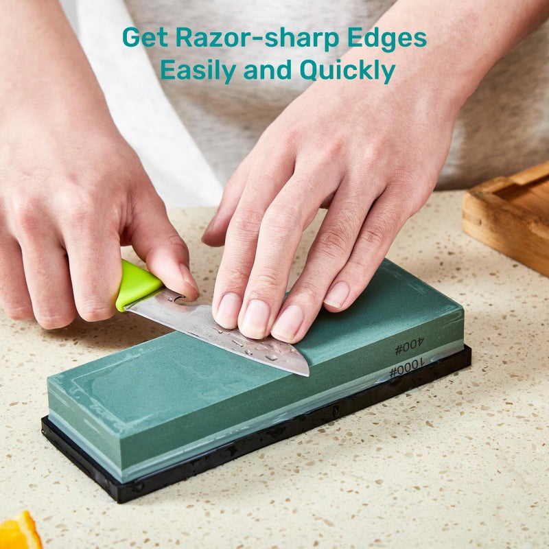HiramWare Knife Sharpening Stone with Non-slip Rubber Base, 400/1000 Grit Premium Whetstone, Double-Sided Knife Sharpener for Kitchen, Waterstone for Honing Blades Manually - Image 2