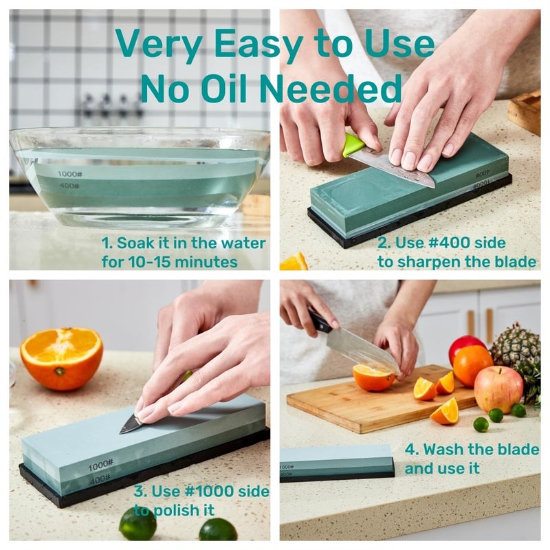 HiramWare Knife Sharpening Stone with Non-slip Rubber Base, 400/1000 Grit Premium Whetstone, Double-Sided Knife Sharpener for Kitchen, Waterstone for Honing Blades Manually - Image 4