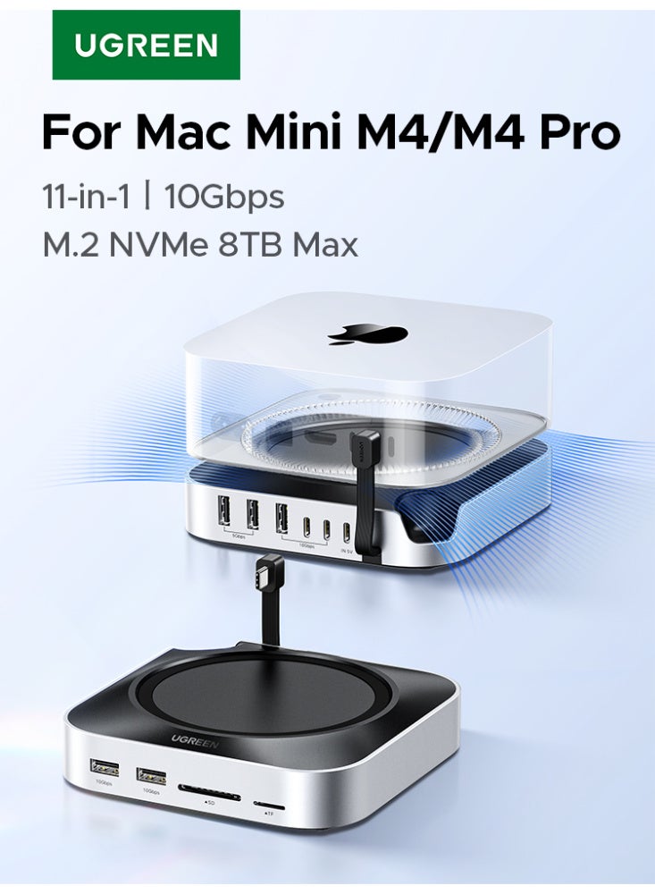 Ugreen Mac Mini M4/M4 Pro Dock Hub with 10Gbps NVMe SSD Enclosure (Up to 8TB), USB C Hub with 3x USB-A 10Gbps, 2x USB-A (5Gbps), 2x USB-C 10Gbps, 170MB/s SD/TF, Dock Station & Extension for Mac Mini M4/M4 Pro Grey