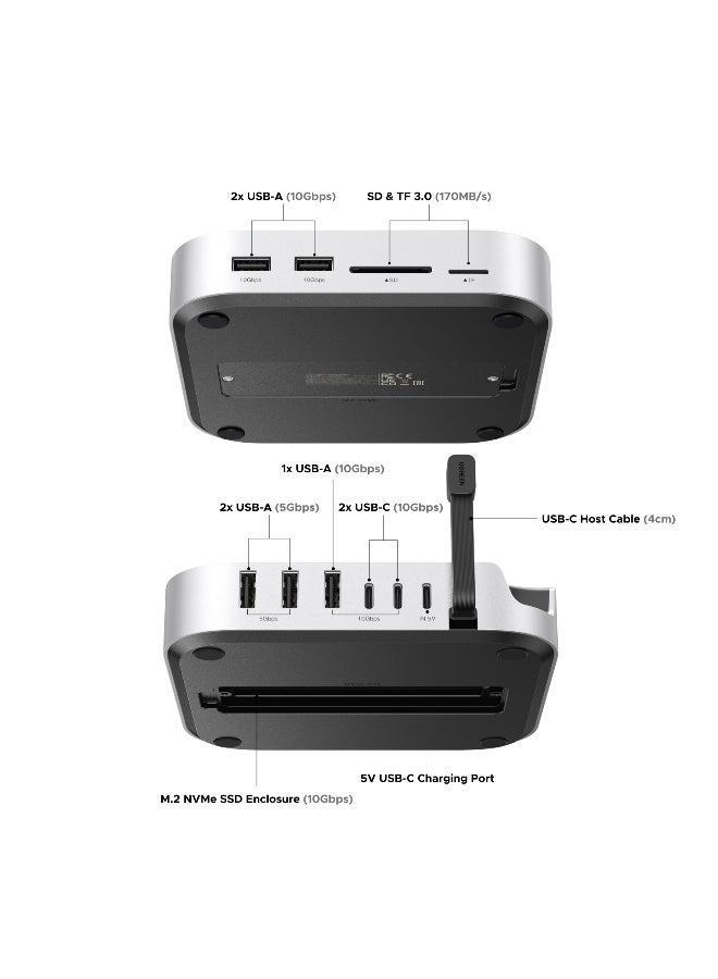 Ugreen Mac Mini M4/M4 Pro Dock Hub with 10Gbps NVMe SSD Enclosure (Up to 8TB), USB C Hub with 3x USB-A 10Gbps, 2x USB-A (5Gbps), 2x USB-C 10Gbps, 170MB/s SD/TF, Dock Station & Extension for Mac Mini M4/M4 Pro Grey - Image 4