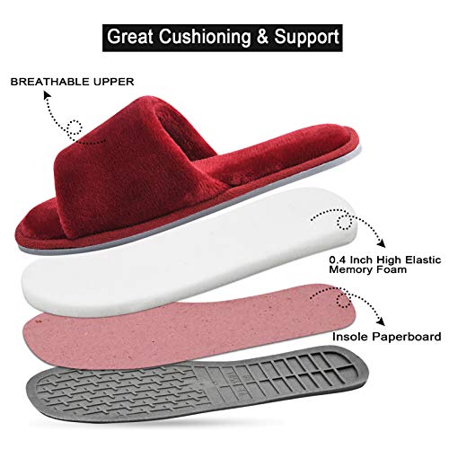 DL Open Toe Slippers for Women Indoor, Cozy Memory Foam House Slippers for Women Summer Slip On, Comfy Soft Flannel Bedroom Slippers Slide Breathable Size 9-10 Red Wine - Image 4