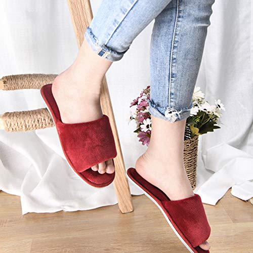DL Open Toe Slippers for Women Indoor, Cozy Memory Foam House Slippers for Women Summer Slip On, Comfy Soft Flannel Bedroom Slippers Slide Breathable Size 9-10 Red Wine - Image 2