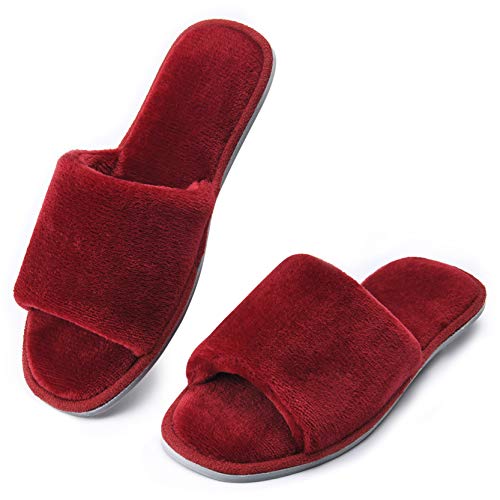 DL Open Toe Slippers for Women Indoor, Cozy Memory Foam House Slippers for Women Summer Slip On, Comfy Soft Flannel Bedroom Slippers Slide Breathable Size 9-10 Red Wine - Image 1