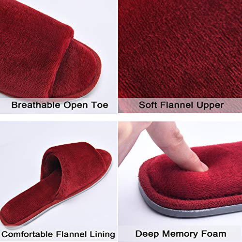 DL Open Toe Slippers for Women Indoor, Cozy Memory Foam House Slippers for Women Summer Slip On, Comfy Soft Flannel Bedroom Slippers Slide Breathable Size 9-10 Red Wine - Image 3
