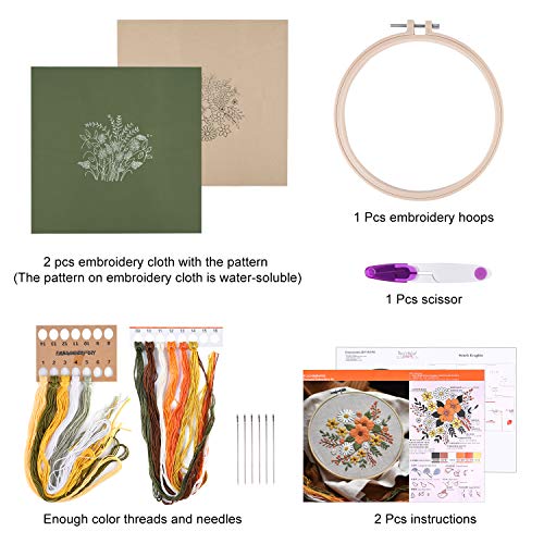 FEPITO 2 Sets Full Range Embroidery Starter Kit with Pattern and Instructions Cross Stitch Kit Includes 2 Pcs Embroidery Clothes with Floral Pattern, 1 Pcs Plastic Embroidery Hoops, 1 Pcs Scissor - Image 2