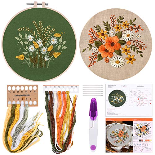 FEPITO 2 Sets Full Range Embroidery Starter Kit with Pattern and Instructions Cross Stitch Kit Includes 2 Pcs Embroidery Clothes with Floral Pattern, 1 Pcs Plastic Embroidery Hoops, 1 Pcs Scissor - Image 1