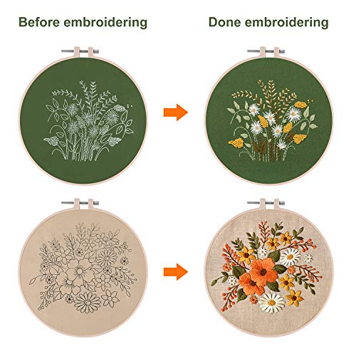 FEPITO 2 Sets Full Range Embroidery Starter Kit with Pattern and Instructions Cross Stitch Kit Includes 2 Pcs Embroidery Clothes with Floral Pattern, 1 Pcs Plastic Embroidery Hoops, 1 Pcs Scissor - Image 4