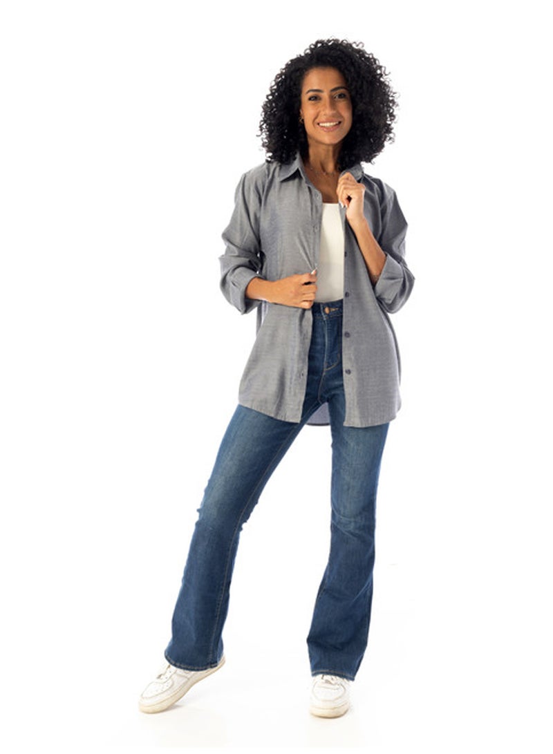 Andora Turn Down Collar Slip On Plain Cotton Shirt - Dark Grey - Image 2