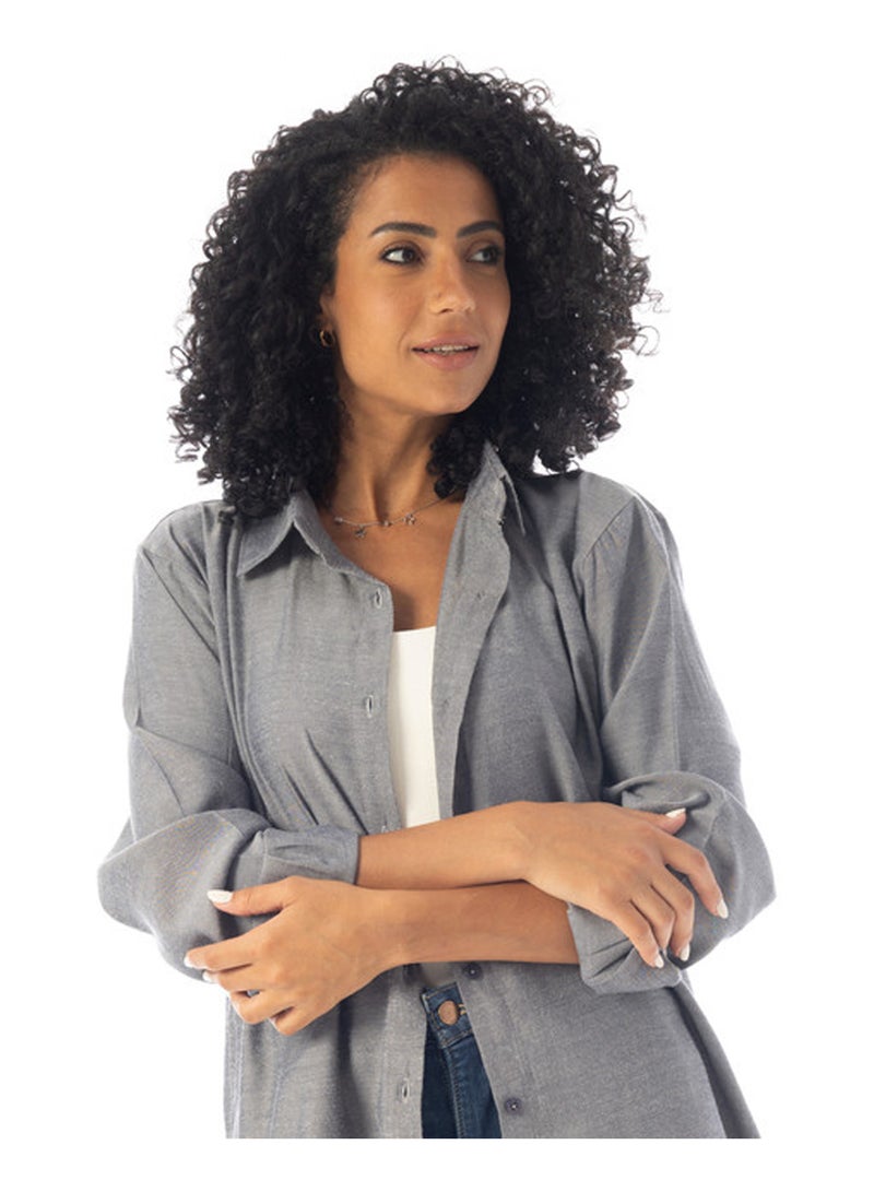 Andora Turn Down Collar Slip On Plain Cotton Shirt - Dark Grey - Image 3