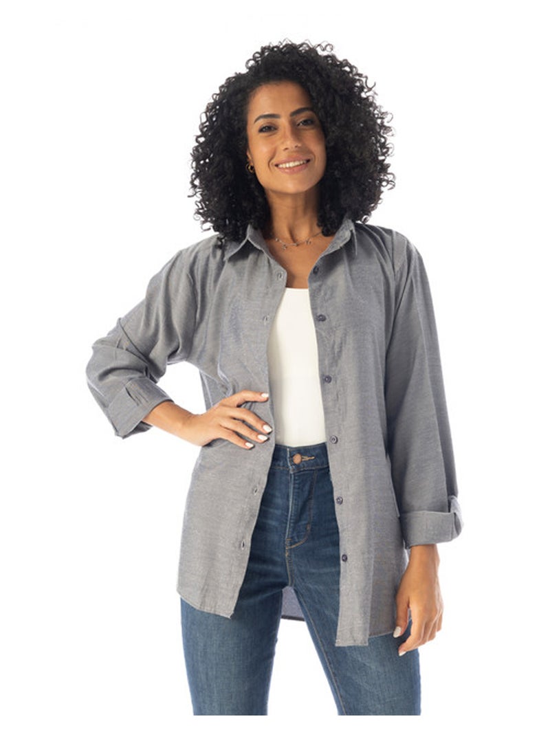 Andora Turn Down Collar Slip On Plain Cotton Shirt - Dark Grey - Image 1
