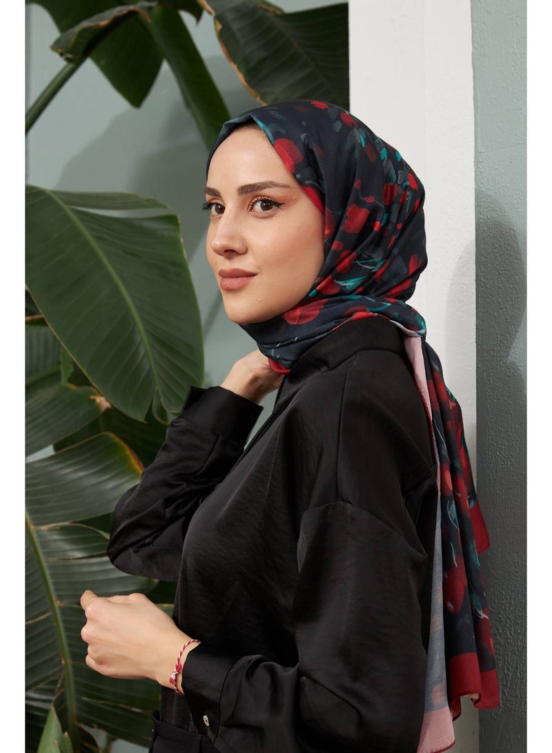 Black & Red Cotton Viscose Women Shawl – Soft Non-Transparent Hijab – Botanical Collection 3023-14 - Image 3