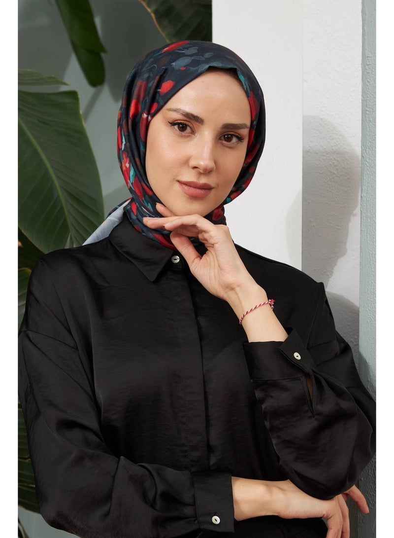 Black & Red Cotton Viscose Women Shawl – Soft Non-Transparent Hijab – Botanical Collection 3023-14 - Image 1