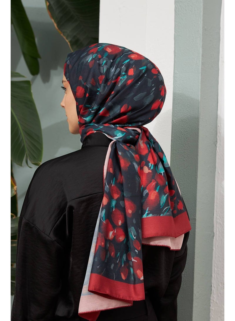Black & Red Cotton Viscose Women Shawl – Soft Non-Transparent Hijab – Botanical Collection 3023-14 - Image 2