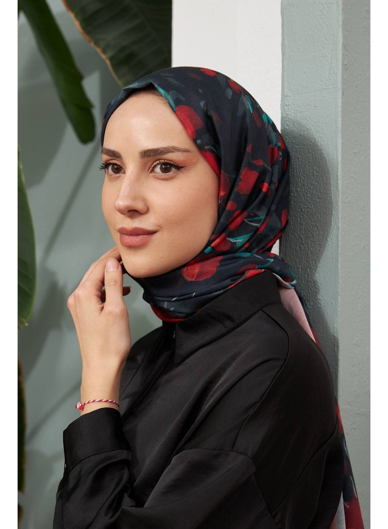 Black & Red Cotton Viscose Women Shawl – Soft Non-Transparent Hijab – Botanical Collection 3023-14 - Image 4